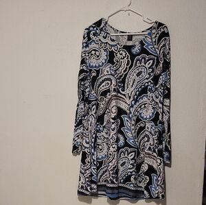 Lindly Blue And Black Paisley Printed Pockets Swing Tunic Dress Size L - XL